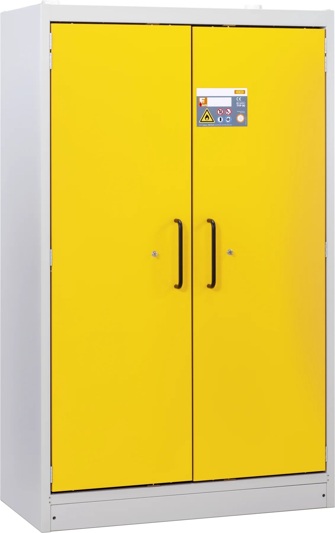 CEMO PROline safety cabinet for drums, 66 L, grey, double hinged doors, yellow doors